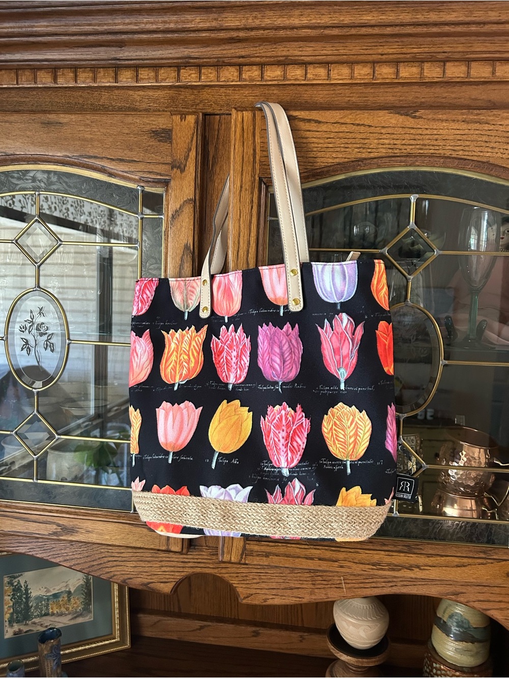 Robin Ruth Black Tote Bag with Multicolor Tulips